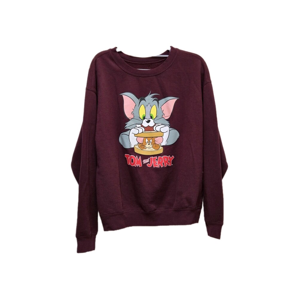 Tom and Jerry Sweatshirt Women XL Burgundy Graphic Crewneck Cartoon Fleece...